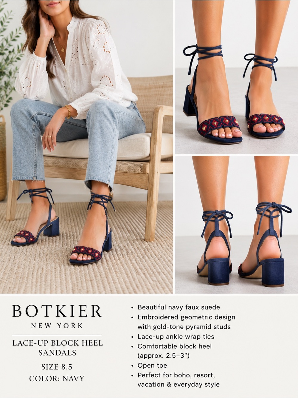 Botkier NY Penelope Lace Up Block Heel Sandals Navy Embroidered Studded Size 8.5